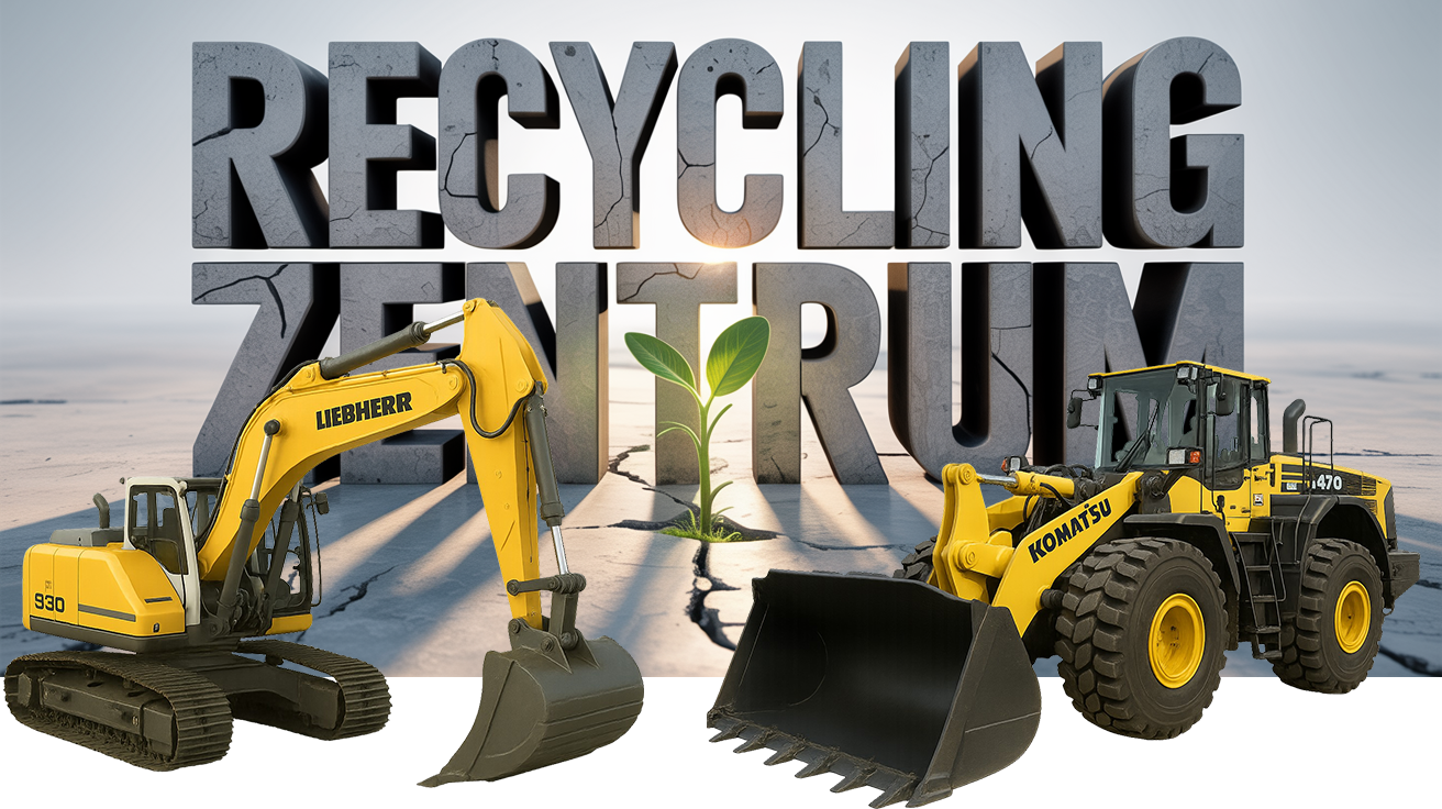 Radlader und Bagger vor 3D Schrift RECYCLINGZENTRUM